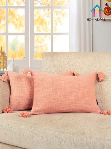 Image of HOMADORN Luxury Cotton Handmade Decorative Boho Throw Pillow Covers with Tassels for Sofa Couch Living Room Indoor Outdoor Chair Car Farmhouse (12X20 INCHES (Rectangle), Peach (Pack of 2))