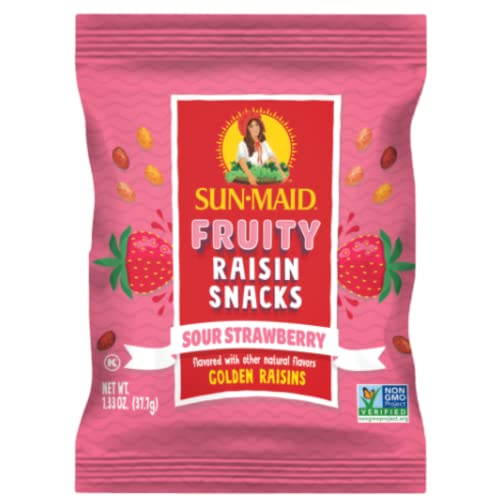 Image of Sun-Maid Sour Strawberry Fruity Raisin Snacks - (200 Pack) 1.33 oz Pouches - Sour Strawberry Raisins - Dried Fruit Snack for Lunches and Snacks