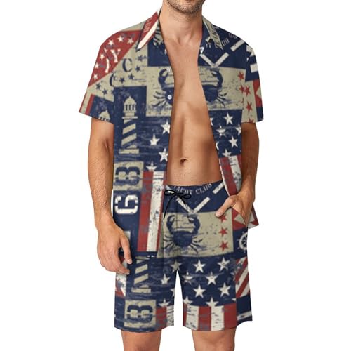 Ensemble Chemise Hawaïenne Short Pantalon Imprimé Drapeaux Nautiques Style Plage Chic