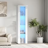 Pvillez 67' LED Display Cabinet with 4 Glass Shelves & 1 Door, Modern Curio Cabinet Collection Display Case Storage Cabinet, High Gloss Floor Standing Bookshelf for Living Room Bedroom Office (White)
