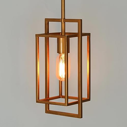Image of KSANA Antique Gold Pendant Lighting, Modern Golden Geometric Cage Hanging Light Fixture for Kitchen Island, Foyer, Dining Room and Hallway