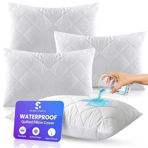 Sunshine Comforts Quilted Waterproof Pillow Protectors 4 Pack | Ultra Luxe Zipped Pillow Covers Soft Breathable & Hypoallergenic Pillowcase Protectors White (50 X 75CM)