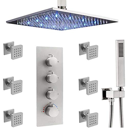 Enga Luxury 16 inch LED Rain Shower Head System with Handheld + Thermostatic 3 Way Valve + 6 Body Spray (with Shut-off), Brass Shower Faucets Set Complete, Can Run at A Time