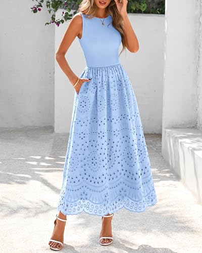 Image of dowerme Women Summer Dresses 2026 Casual Sleeveless Crewneck A-Line Boho Lace Eyelet Cotton Tank Maxi Dress with Pockets