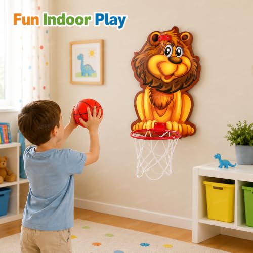 Image of Zest 4 Toyz Kids Basketball Hoop Set with Ball Wall Mounted Indoor Basketball Ring with Net Cute Lion Theme Mini Basketball Game for Boys and Girls Indoor Outdoor Sports Activity Toy
