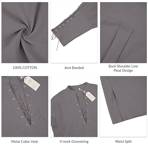 Image of CTU Men's Cotton Shirt Pirate Shirt Medieval Viking Renaissance Costume | V-Neck,Drawstring Collar,Linen Tunic,Ren Faire,Plus Size,Goth,Big and Tall,Halloween