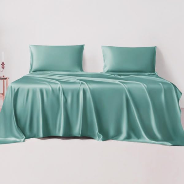 LINENWALAS Bamboo King Bedding Set, 300 Thread Count Cooling Sateen Weave Silk Sheets with 1 Fitted, 1 Flat & 2 Pillowcases (Aqua)