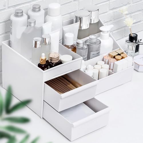 Image of zuku MakeUp Organizer Stand Desk Storage Dressing Table Organiser Cosmetic Organizer Box Skin Care Table Bathroom Organiser Makeup Storage Box Makeup Vanity with Transparent Drawer(White)