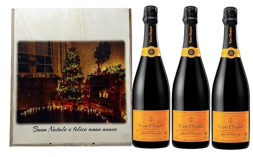 3 Bottiglie di Veuve Clicquot Brut Cuvée Saint-Pétersbourg 75cl in Elegante Cofanetto di Natale in Legno, Ottima ed Esclusiva Idea Regalo !