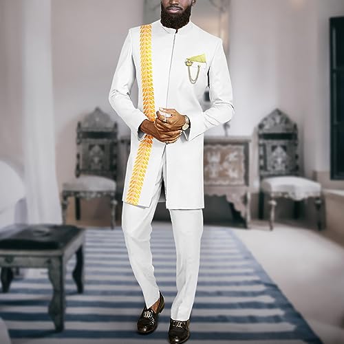 African Clothes for Men Slim Fit Embroidery Blazer and Pants Set Dashiki Outfits Jacket Chain Kerchief2