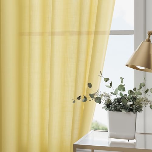 Image of Yellow Linen Textured 96 Inch Curtains 2 Panel Set Back Tab Rod Pocket Sheer Light Filtering Boho Room Decor Aesthetic Curtains Burlap Look Curtain Drapes for Living Room Bedroom 8Ft 52x96 Inch