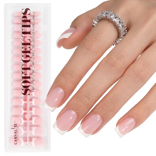 CANVALITE Soft Gel French Tip Nails, 192 Pcs Short Press-on Nails for Women, Flexible Pre-Painted White French Tip Gel Nails, No File Need DIY Manicure Gifts for Women, Glue Not Included