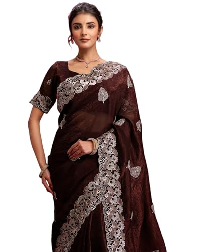 Image of SIRIL Women's Shimmer Chiffon Sequence Embroidery Saree With Unstitched Blouse Piece for Wedding and Parties