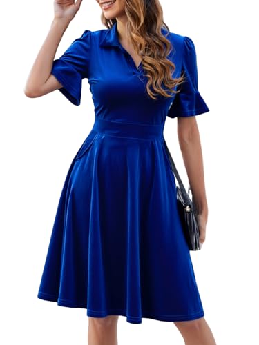 Image of Mokayee Womens Summer Ruffle Sleeve Collared V Neck Fit and Flare Elegant A line Swing Dresses with Pockets