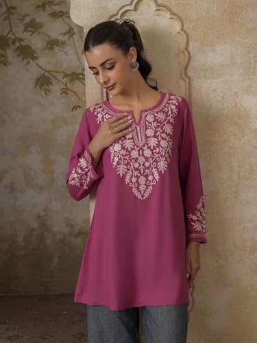 Image of QAZMI Women's Aari Embroidered Viscose Rayon A-Line Flared Short Kurti