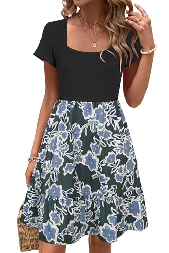 Image of Newshows Women's 2026 Summer Casual Square Neck Ruffle A Line Beach Vacation Sundress Work Business Dress with Pockets