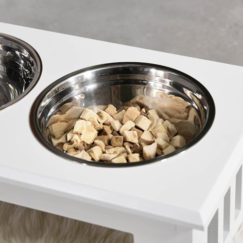 PawHut Erhöhter Hundenapf Futternapf mit 2 Näpfe Wassernapf 2 x 2000ml Edelstahlnäpfen Fressnapf Futterstation Hundenäpfe für Mittlere Hunde Katzen Weiß