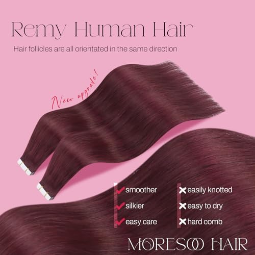 Image of Moresoo Burgundy Tape in Extensions Real Human Hair Seamless Hair Extensions Wine Red Human Hair Extensions Tape in Extensions Silky Straight Human Hair 14 Inch #99J 20pcs 40g