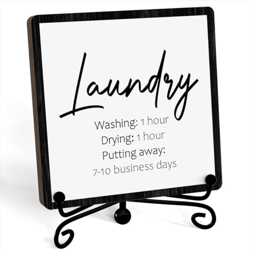 JUSITAKEET Laundry Room Desk Decor, Laundry Sign, Desk Decorations For Laundry Room, Farmhouse Funny Laundry Shelf Decor, Rustic Wooden Plaque With Stand (C07)