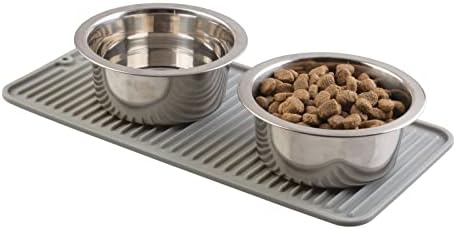 mDesign Premium Quality Square Pet Food and Water Bowl Feeding Mat for Dogs and Cats, Waterproof Non-Slip Durable Silicone Placemat - Food Safe - Small, Linelle Collection - Gray