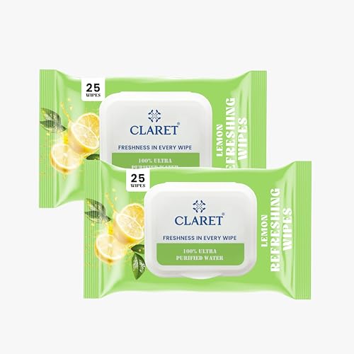 Image of Claret Refreshing Wet Wipes With Natural Lemon Extract For Face & Body | 25 Pulls | 100% Ultra Purified Water | pH Balanced & Alcohol-Free (Pack of 2)