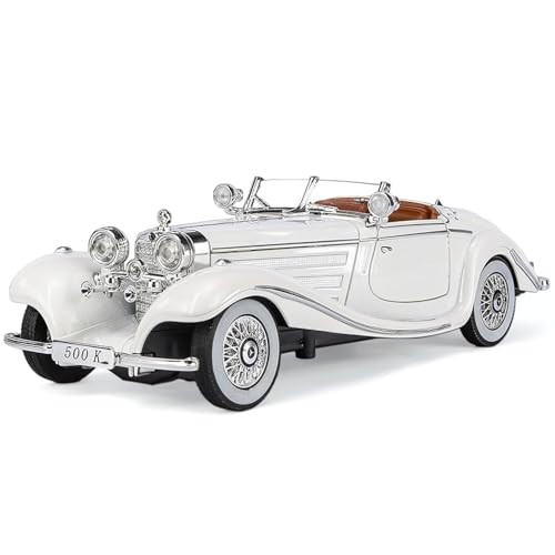 Image of WORSHIPER Merceedes Benz Classic 500K Vintage Diecast Toy Car with Lights & Sounds-die cast Model for Kids & Collectors-Pullback Action, Openable Doors (1:32 Merceedes Benz Classic 500K-White Color)