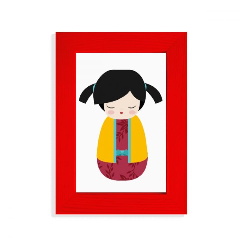 Cadre photo rouge avec kimono jaune et poupée japonaise miniature