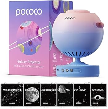 POCOCO Galaxy Star Projector + Moon and Stars Series Discs | 8 Discs Total, Rechargeable, 1W Soft Light, 2 Megapixel Lens, 5K Discs, Realistic Galaxy