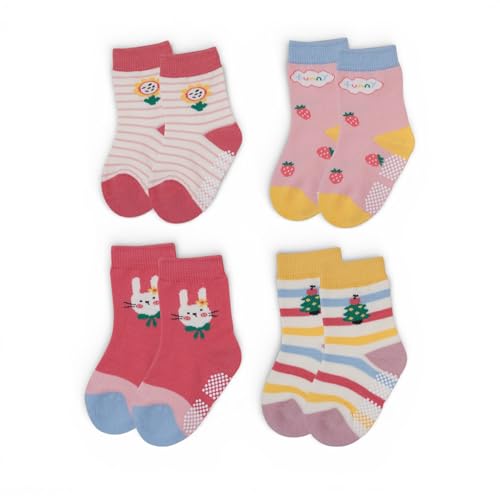 Image of Baby Girl Socks Anti Skid Pack of 4 | Cotton Non Slip Grip Baby Socks for Newborn Babies & Infants | Soft Breathable Baby Socks 0-3, 3-6, 6-12 Months