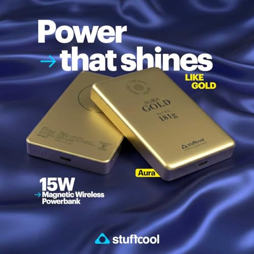 Image of Stuffcool Aura 10000mAh Magnetic Wireless Powerbank 15W Compatible with iPhone Samsung Pixel 20W PD Fast Charging Gold Colour BIS Certified