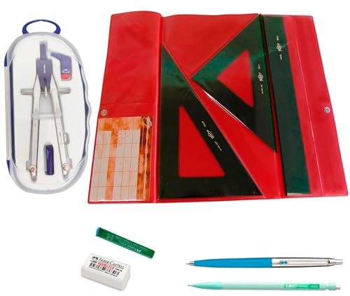 Pack FAIBO Estuche técnico Verde Juego Regla 30 cm GRADUADA, escuadra y cartabón de 25 cm SIN GRADUAR + Bigotera SERIVAN 1 bolígrafo INOXCROM B55 + 1 Portaminas 0,7 mm + 1 Tubo 12 Minas 0.7 mm HB
