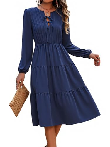 ECOWISH Women 2025 Casual Tie Front Pleated Long Sleeve Dresses Elastic Waist Tiered Ruffle Flowy Midi Dress with Pockets
