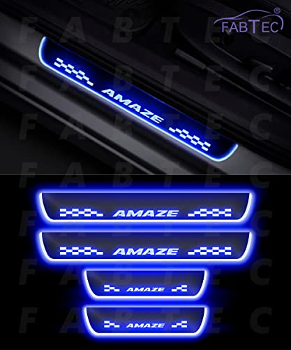 Image of Fabtec Car Door Foot Step Sill Plate with Mirror Finish LED Compatible with Honda Amaze (Set of 4pc, Blue)(6 Months Warranty)