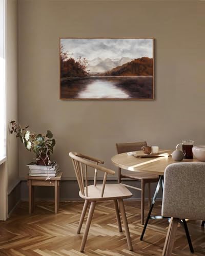 Image of KISSFOX Vintage Fall Countryside Framed Wall Art Autumn Lake Mountain Forest Landscape Canvas Art Farmhouse Nature Paintings Artwork Rustic Serene Art Prints For Kitchen Living room Bedroom