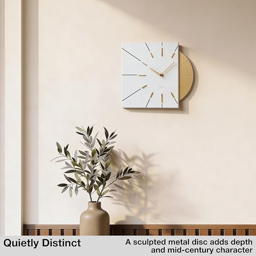 Image of Driini White and Gold Mid Century Modern Wall Clock, Battery Operated | Square MCM face with a minimalist midcentury look. Contemporary decorative analog design for kitchen, office or living room