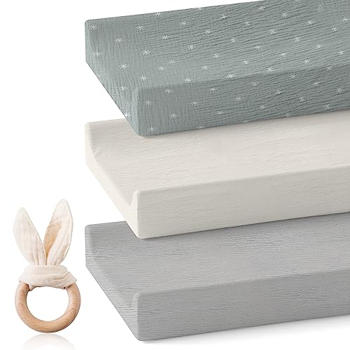 Image of 3 Pack Muslin Bassinet Sheet Fitted for Changing Pad, Baby Changing Basket, Moses Basket, Bedside Bassinet，100% Cotton Neutral Bassinet Sheets for Oval, Hourglass, Rectangular Mattress Pads