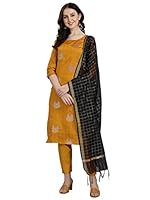 VredeVogel Women's Cotton Silk Jacquard Kurta, Pant and Chanderi Dupatta Set, Yellow