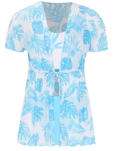 Kids Girls 3-Piece Tropical Print Straps Swim Tops and Bottom Bikini Swimsuit Mesh Belted Coverups Set3