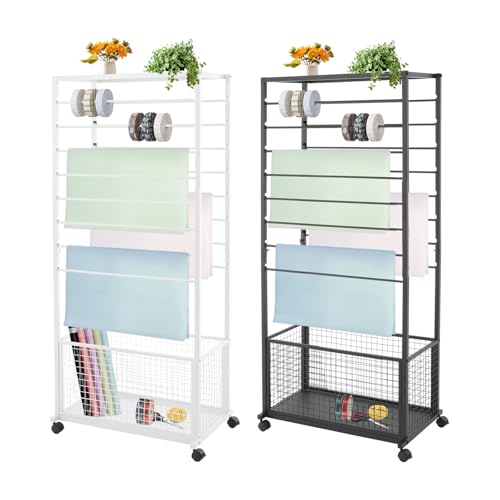 Ribbon Holder Organizer Rack, Double-Sided 16-Layer Ribbon Storage/Holder, Multifunctional Metal Flower Wrapping Paper Storage Stand w/4 Lockable Wheels for Flower Shops, Craft Rooms (White&Black)