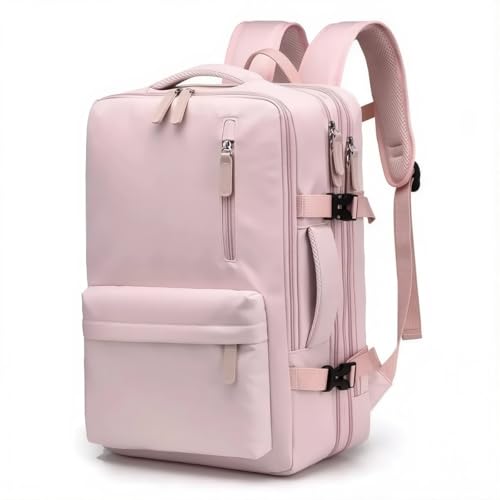 Mochila de Viagem Expansível 30-45L para Avião – Compartimento para Notebook 17”, Bolso para Sapatos, Antifurto, Impermeável com USB – Executiva Reforçada para Trabalho e Faculdade (Rosa)