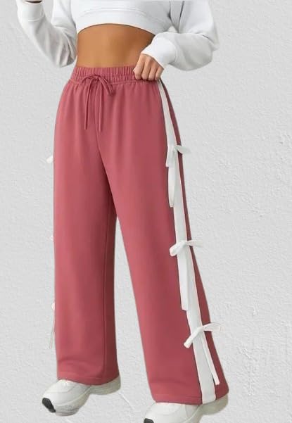 Women's Wide Leg Sweatpants, Pink, Elastic Waist with Drawstring, Side Bow Detail, Casual Style (in, Alpha, XL, Regular)-picture-54