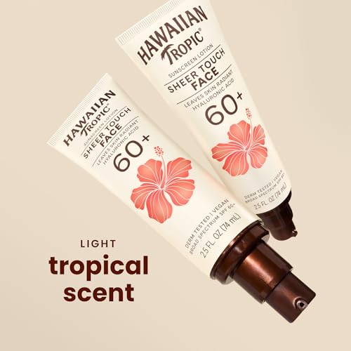 Image of Hawaiian Tropic Sheer Touch Face Sunscreen Lotion SPF 60, 2.5 Fl Oz | Hyaluronic acid sunblock, Travel size sunscreen for face, Radiant finish, Layers under makeup, Broad spectrum protection
