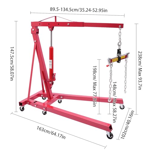 2T Folding Hydraulic Crane, Hydraulic Crane with Engine Leveler 4409lbs Capacity Heavy Duty Folding Shop Crane with 6 Casters for Engine Lift Loading Red
