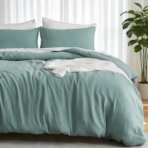 Image of EMME Muslin Cotton Duvet Cover Set Teal Twin Size Linen Like Soft Breathable Lightweight Summer Comforter Cover Set with Zipper Closure (Teal, Twin, 68 inchx90 inch)
