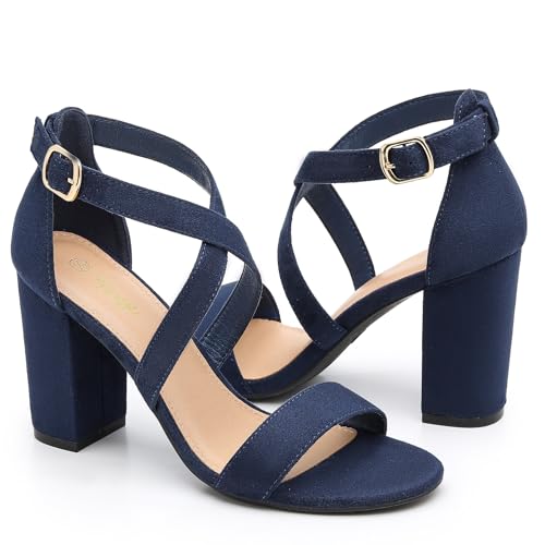 Image of Trary Women's Block Chunky Heel Sandals for Women Open Toe Adjustable Cross Ankle Strap Dress Shoes Walking Wedding Evening Bridal Heels