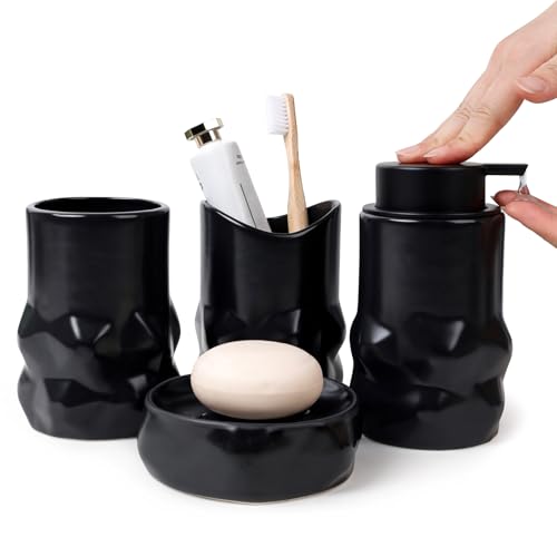 Image of BosilunLife Modern Ceramic Bathroom Accessories Set, Bathroom Counter Set Matte Black Bathroom Decor Sets Accessories Bathroom Lotion Soap Dispenser, Toothbrush Holder Set, Soap Dish, Apothecary Jars