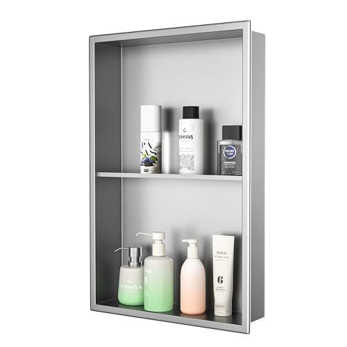 Bernkot Stainless Steel Shower Niche 14'&times;24' Brushed No Tiled Needed Niche Shower for Bathroom Wall...