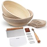 Kook Banneton Bread Proofing Basket 9 Inch - Complete 12 Piece Sourdough Basket Kit with Liners and Scrapers - Natural Rattan for Artisan Bread Making - Set of 2 Round