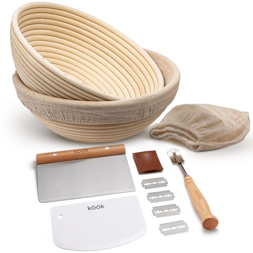Proofing Set, by Kook, Sourdough Bread, 2 Rattan Banneton Baskets, 2 Basket Covers, Metal Scraper, Plastic Scraper, Scoring Lame, 5 Blades and Case, Round Shap