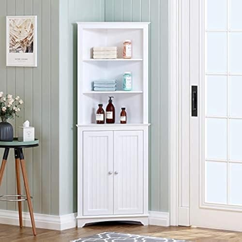 Spirich Tall Corner Cabinet with Doors and Shelves, Freestanding Corner Storage Cabinet for Bathroom, Kitchen, Living Room, White